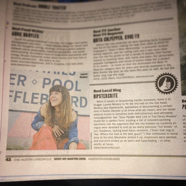 Hipstercrite was voted "Best Local Blog" in @AustinChronicle's Best of 2015! I can't believe it!